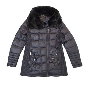 BcbgMaxAzria Women's Black Faux Fur Collar Puffer Zip‎ Jacket Large